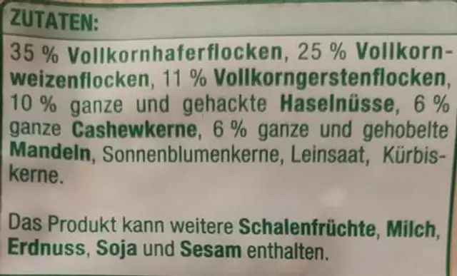 Mühlenklassiker mit vielen ganzen Nüssen ingredients label