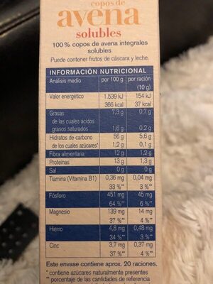 Copos de avena solubles nutrition facts table