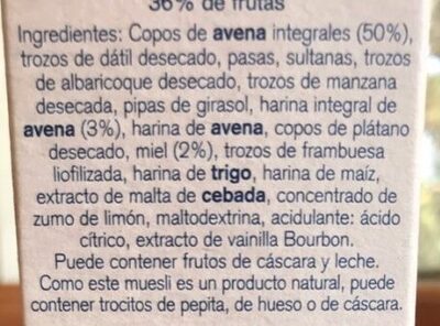 Muesli de avena integral con fruta ingredients label