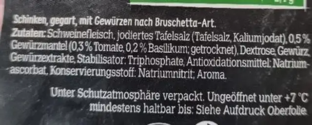 Finesse Bruschetta Sytle Schinken ingredients label