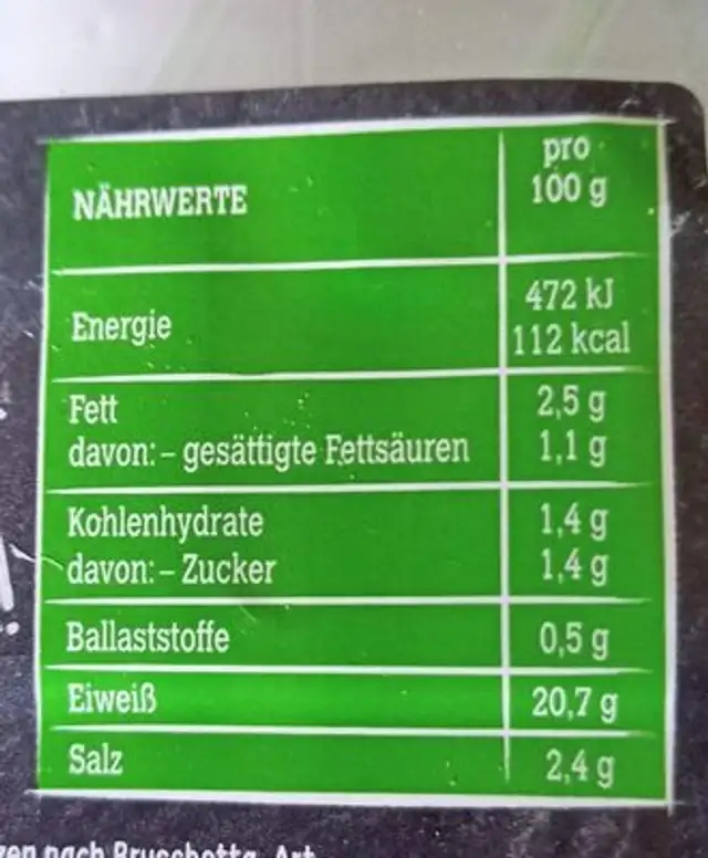 Finesse Bruschetta Sytle Schinken nutrition facts table