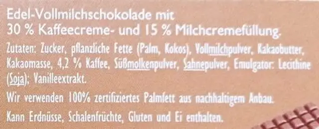 Latte Macchiato ingredients label