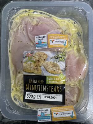Hähnchenminutensteaks Knoblauch-Gartenkräuter front packaging