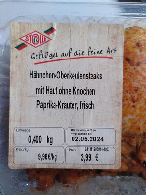 Hähnchen-Oberkeulensteaks mit Haut ohne Knochen Paprika-Kräuter, frisch front packaging