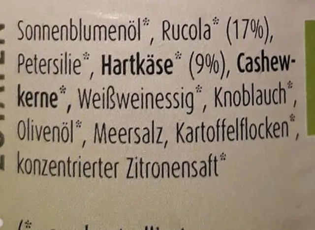 Frisches Rucola Pesto ingredients label