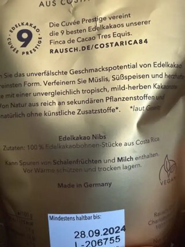 Edelkakao Nibs ingredients label