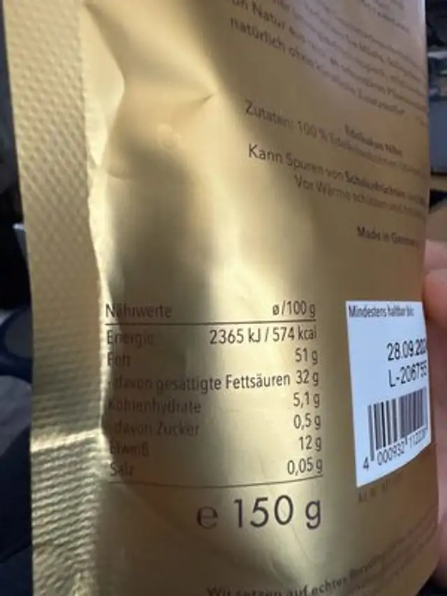 Edelkakao Nibs nutrition facts table