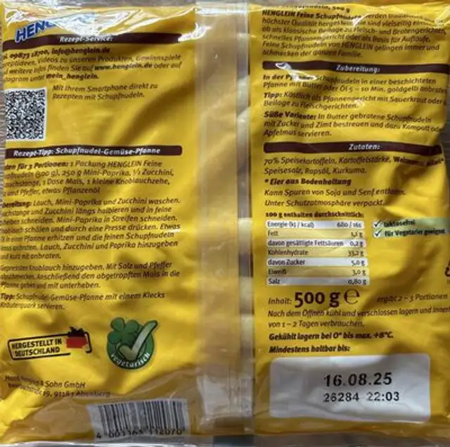 Feine Schupfnudeln ingredients label