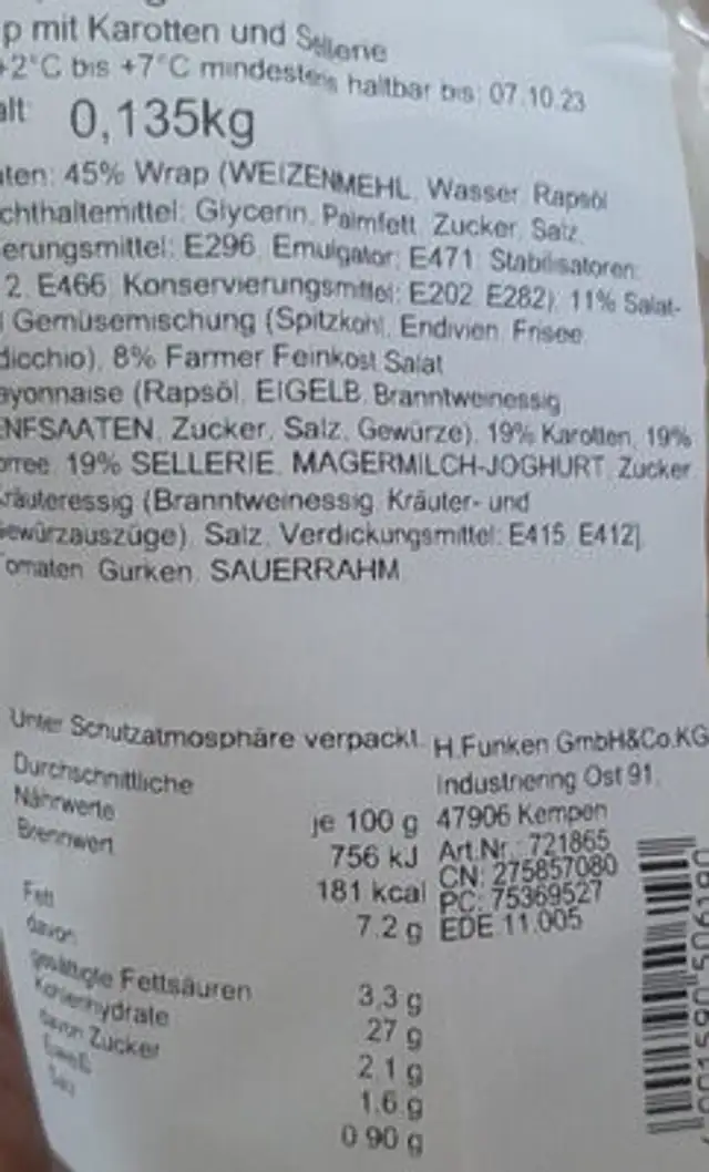 Wrap Mit Farmer Salat nutrition facts table