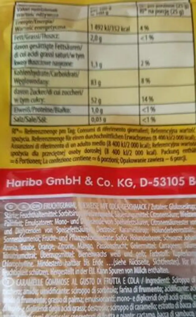 Bunte Schnecken nutrition facts table