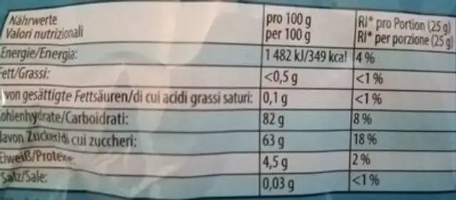 Tropifruti nutrition facts table