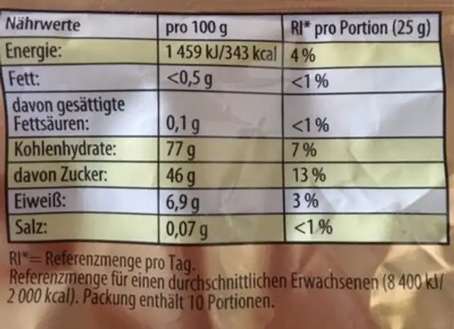 Goldbären sauer nutrition facts table