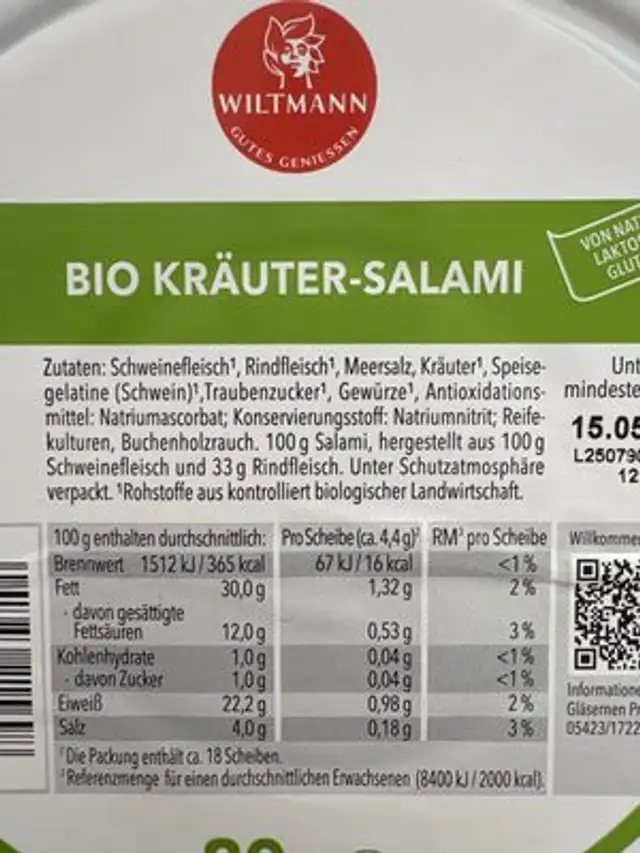Kräutersalami ingredients label