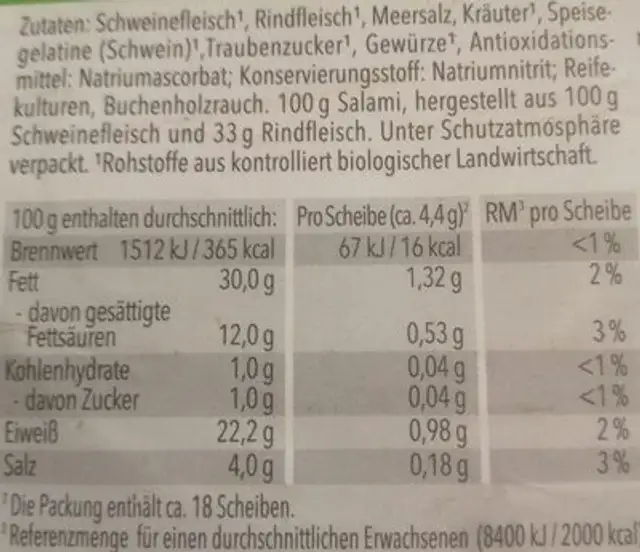 Kräutersalami nutrition facts table