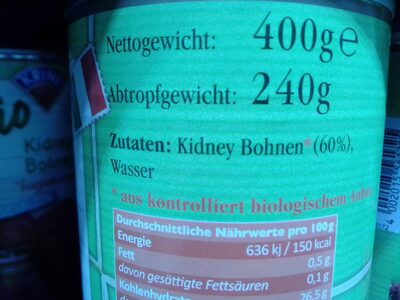Bohnen ingredients label