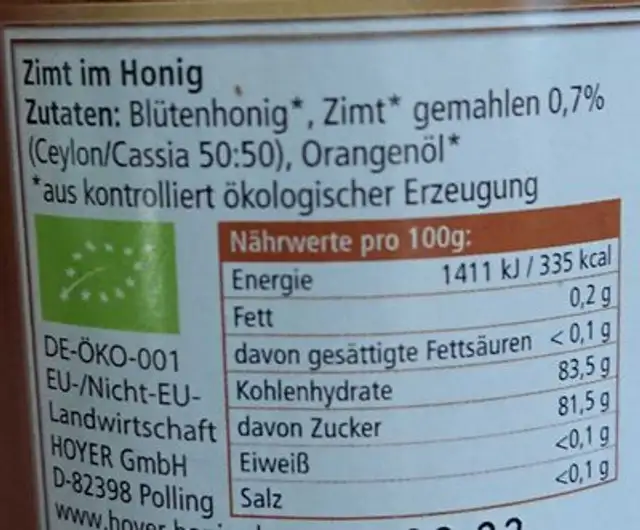 Zimt im Honig ingredients label