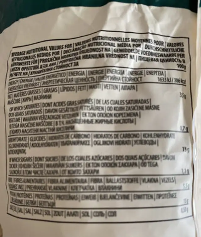 Fiorentini nutrition facts table
