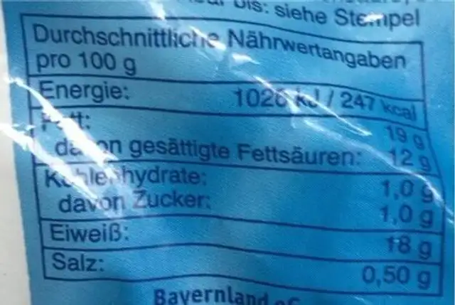 Mozzarella Bayernland nutrition facts table