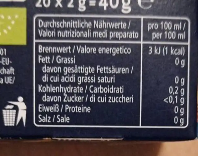 Bio Tee würzige Kräuter nutrition facts table