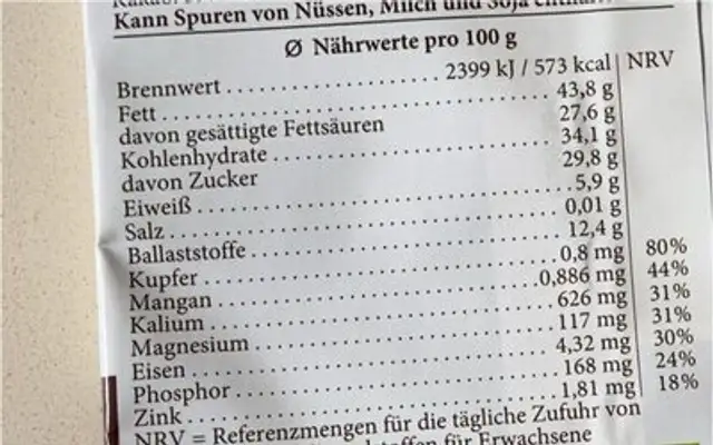 Dattel Schokolade nutrition facts table