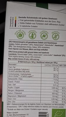Dattel Schokolade Haselnuss ingredients label