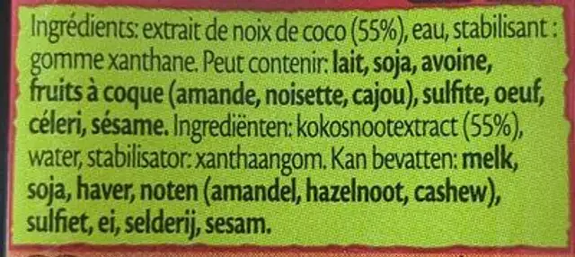 Lait de coco ingredients label