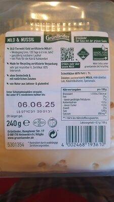 Mild & Nussig ingredients label