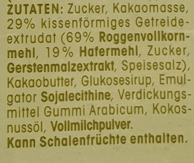 Cereal Snack Roggen, dunkle Schokolade ingredients label