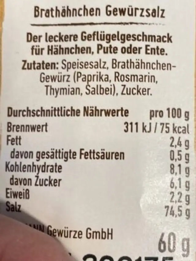 Brathänchen Gewürzsalz nutrition facts table