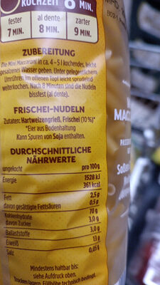 Mini Maccaroni ingredients label