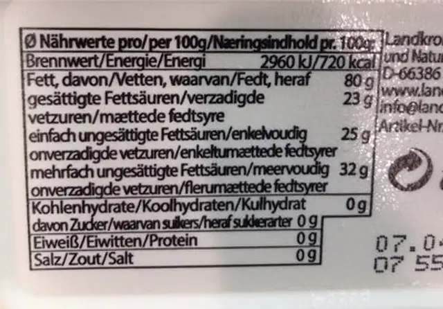 Bio Margarine nutrition facts table