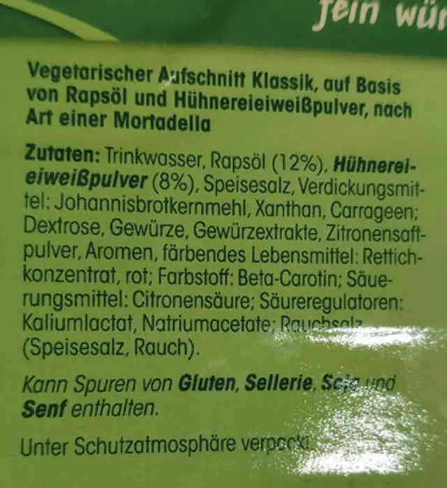 Vegetarische Mortadella ingredients label