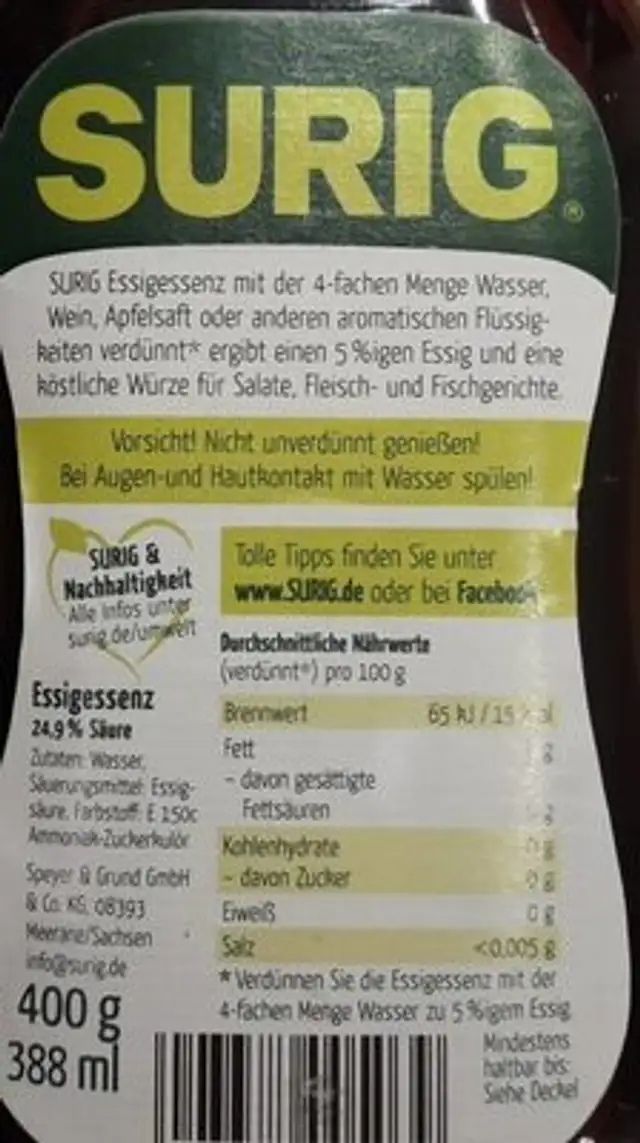 Essigessenz nutrition facts table