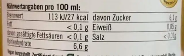 “Von der Alb” Streuobst Apfelsaft Schorle nutrition facts table