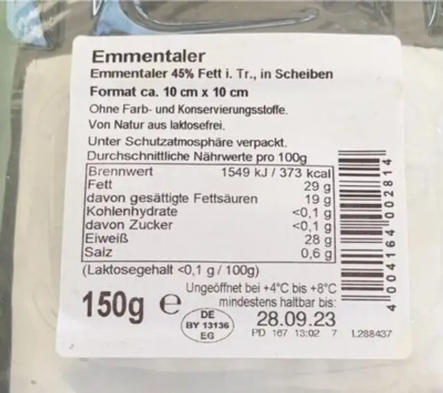 Emmentaler in Scheiben nutrition facts table