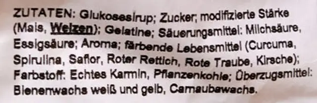 Englischer Weingummi ingredients label