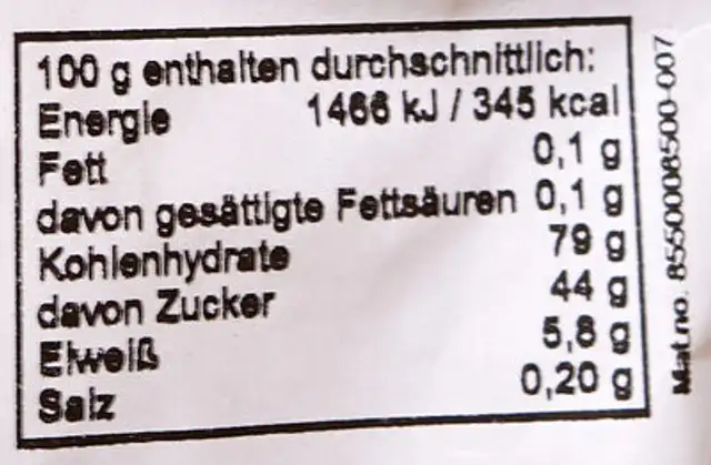 Englischer Weingummi nutrition facts table