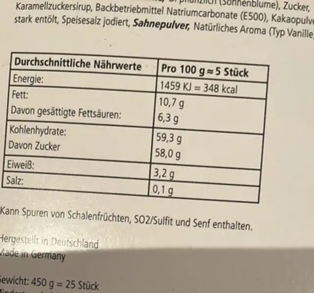 Köhlerküsse nutrition facts table