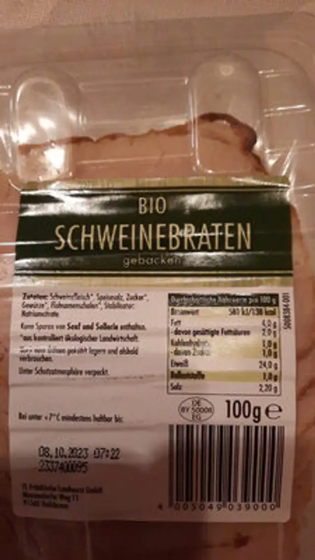 Bio Schweinebraten ingredients label
