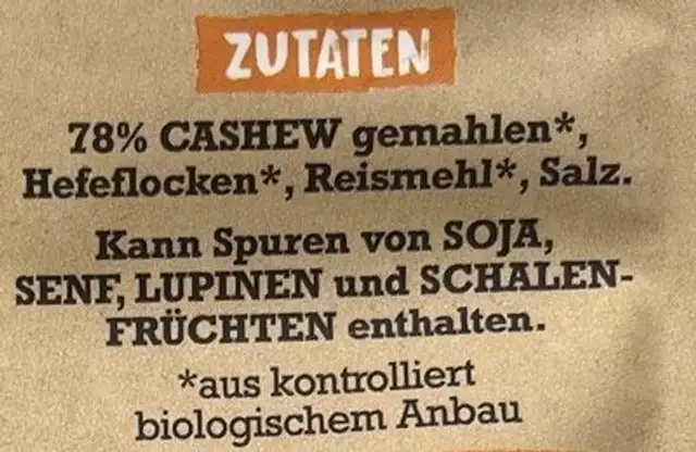 Mein Käshew Pasta Topping ingredients label
