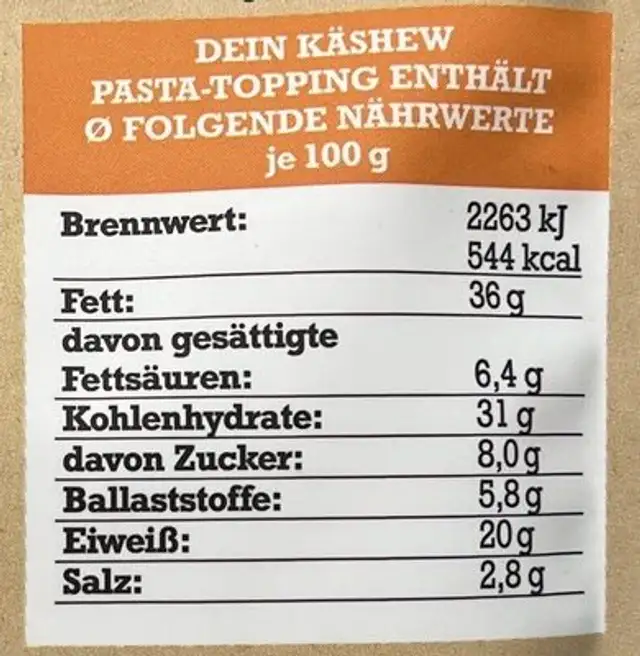 Mein Käshew Pasta Topping nutrition facts table