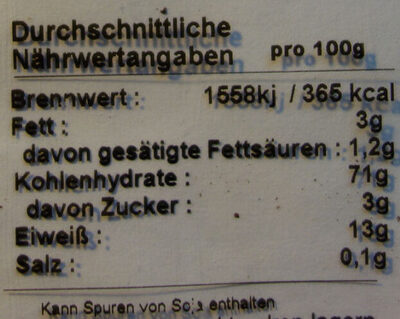 Spirelli nutrition facts table