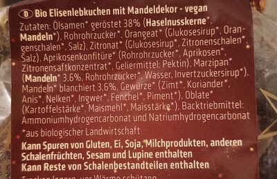 Bio Elisenlebkuchen mit Mandeldekor ingredients label