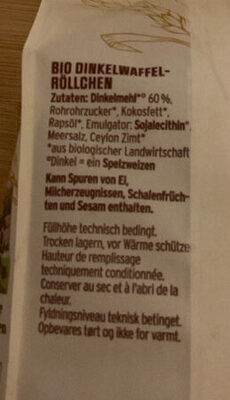 Dinkel-Waffelröllchen ingredients label