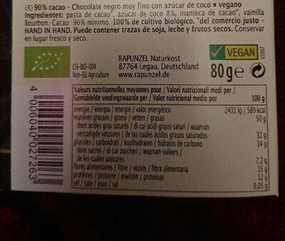 Chocolat 90 % ingredients label