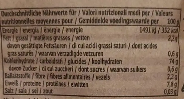 Rundkorn Spitzenreis Natur nutrition facts table