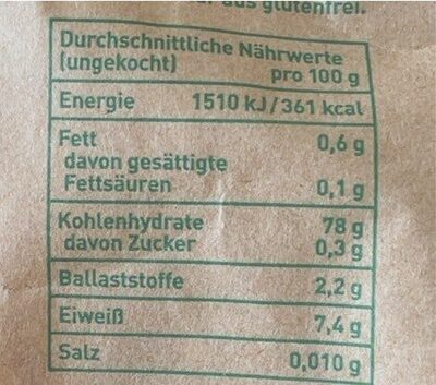 Risotto Carnaroli nutrition facts table