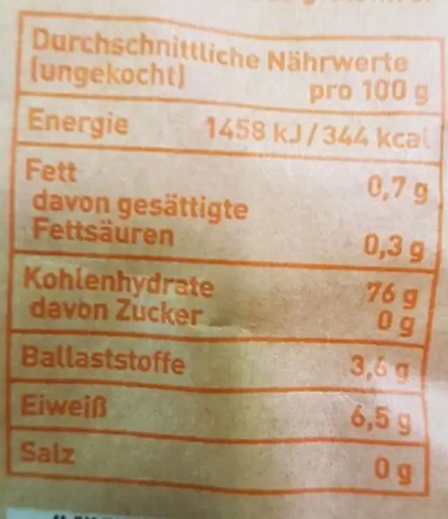 Paellareis nutrition facts table