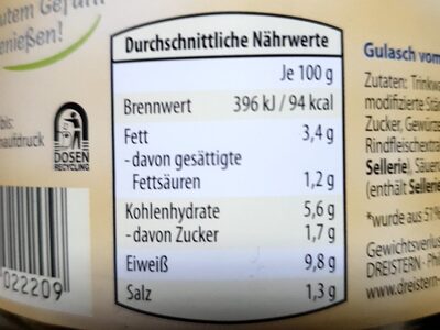 Gulasch vom Schwein nutrition facts table