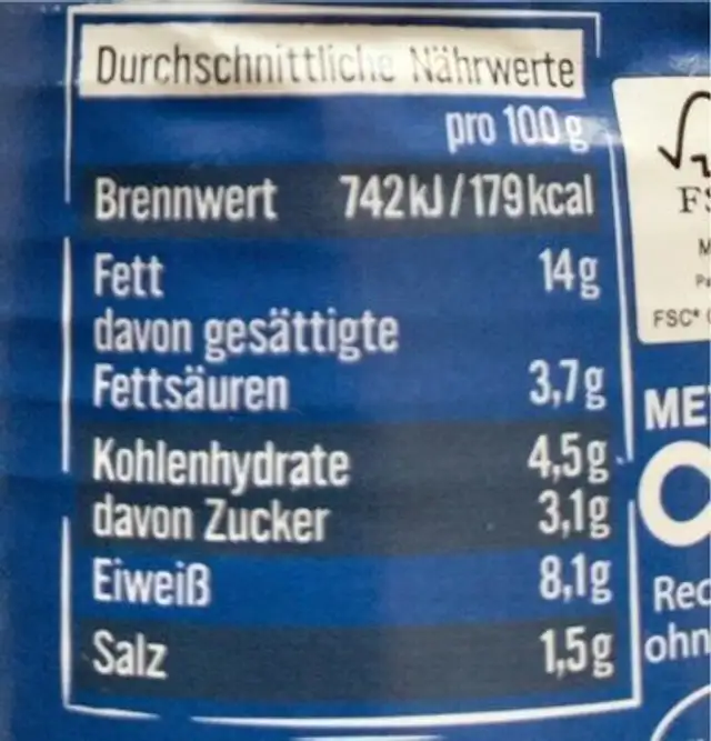 Bolognese nutrition facts table
